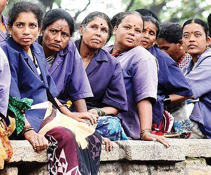 BBMP pourakarmikas sat for a dharna at Banappa Park last year for regularisation of contract workers.| Express Photo Services