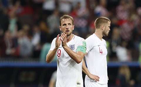 England's Harry Kane reacts at the end of the semifinal match between Croatia and England at the 2018 soccer World Cup in the Luzhniki Stadium in Moscow, Russia, Wednesday, July 11, 2018. | AP