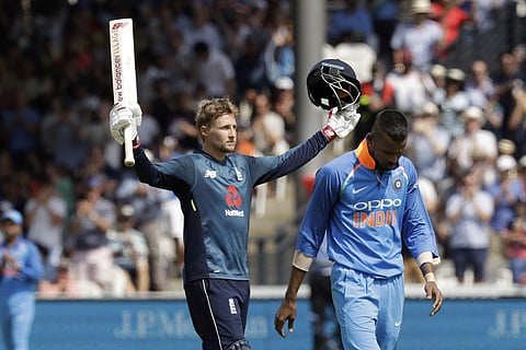 England's Joe Root celebrates his century next to India's Hardik Pandya during the one day cricket match between England and India at Lord's cricket ground in London. (Photo | AP)