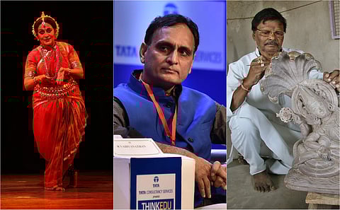 (L-R) Sonal Mansingh Rakesh Sinha ans Raghunath Mohapatra (Photos | EPS)