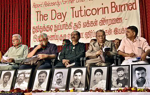 (From left) Selvaraj, Shiv Viswanathan, Krishnadas Gandhi, AWD Thilak and Justice Hariparanthaman listen to the speakers at a function held to release a report 'The day Tuticorin burned' on the anti-Sterlite protestors in Chennai on June 15, 2018. (Photo