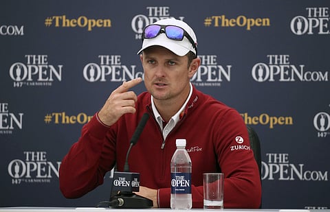 England's Justin Rose speaks during a press conference on preview day three of The Open Championship 2018 at Carnoustie Golf Links, Angus, Scotland. | AP