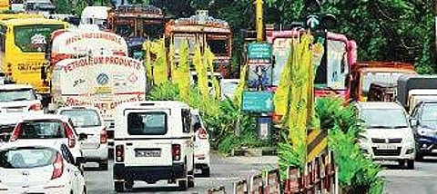 The serpentine queue of vehicles at Kakkanad Junction Melton Antony