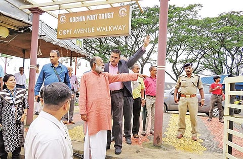 Union Minister Alphons Kannanthanam reviewing the progress of tourism infrastructure at Cochin Port Trust Avenue Walkway project site on Monday