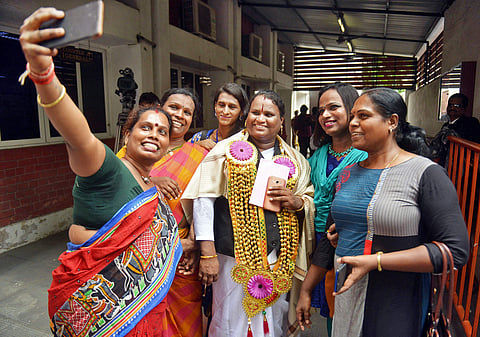 India's first transgender lawyer Sathyasri Sharmila takes a selfie with well-wishers. She registered with Bar Council of Tamil Nadu and Puducherry in Chennai on Saturday. ( EPS | D Sampathkumar)