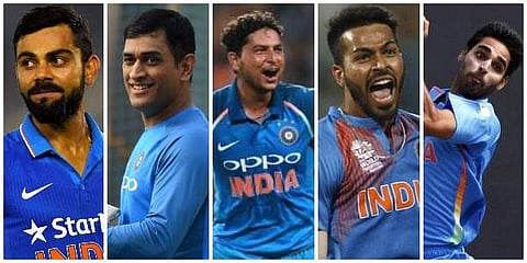 (From left) Virat Kohli, MS Dhoni, Kuldeep Yadav, Hardik Pandya and Bhuvneshwar Kumar.