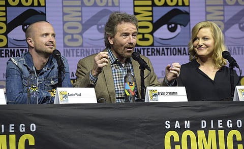 Aaron Paul, from left, Bryan Cranston and Anna Gunn attend the 'Breaking Bad' 10th Anniversary panel on day one of Comic-Con International on Thursday, July 19, 2018, in San Diego. (Photo | IMDB)