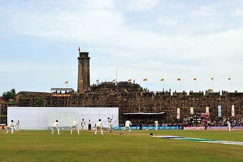 A cricket Test match between Pakistan and Sri Lanka underway in front of the 17th century Dutch fort overlooking the pitch at the Galle Stadium in Galle, Sri Lanka. (File photo | AFP)