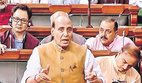 Union Home Minister Rajnath Singh speaks in the Lok Sabha on Friday