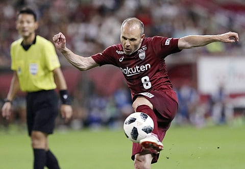 Vissel Kobe's Andres Iniesta tries to score a goal against Shonan Bellmare in the second half of their J-League soccer league match in Kobe, western Japan. (Photo | AP)