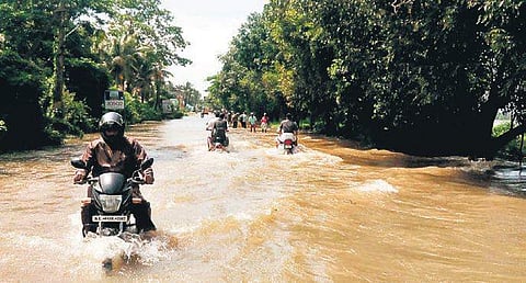 A motorcyclist wades through flooded road in Kuttanad .(Photo| EPS/ARUN ANGELA)