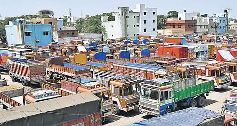 Lorries parked at CMDA trucks’ terminus in the city following the nation-wide stir | P Jawahar