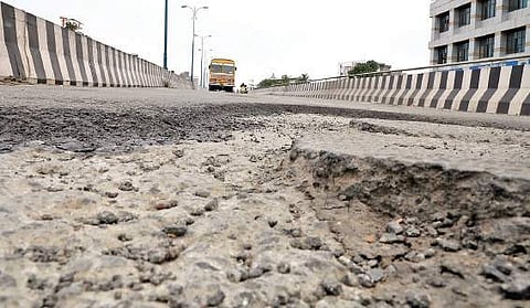 The huge potholes on the Palarivattom flyover that puts the life of motorists in danger (Photo | EPS/Melton Antony)