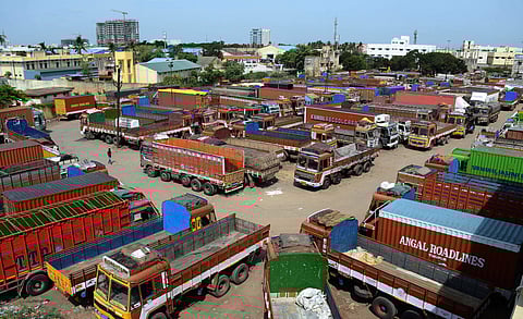 The lorries parked at CMDA truck turminus following nation wide strike against the fuel hike in Chennai . ( Photo | P Jawahar/ EPS)