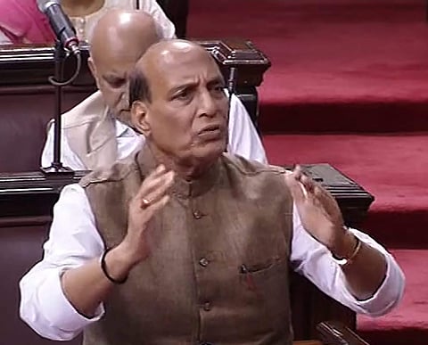 Union Home Minister Rajnath Singh speaks in the Rajya Sabha during the Monsoon session of Parliament in New Delhi. (Photo | PTI)