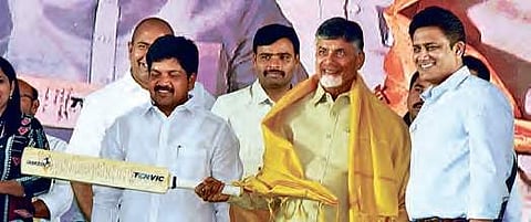 which was unveiled by Anil Kumble on Tuesday. CM and Kumble during the foundation stone laying ceremony for the Amaravati International Sports Complex | Express