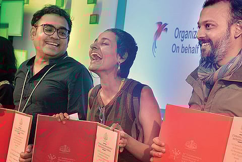 Filmmaker Anushka Meenakshi (second from left) with other filmmakers at the closing ceremony of the 11th International Documentary and Short Film Festival of Kerala on Tuesday. Meenakshi bagged the award for her film ‘Up Down & Sideways’ in the ‘Best long