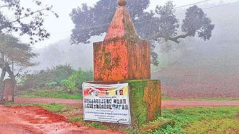 A Maoist banner at the Martyrs’ Memorial pillar near Hanumal village in Koraput