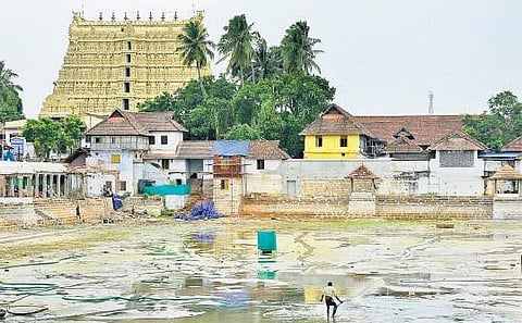 The renovation progressing at Padmatheertham pond near Sree Padmanabhaswamy Temple B P Deepu
