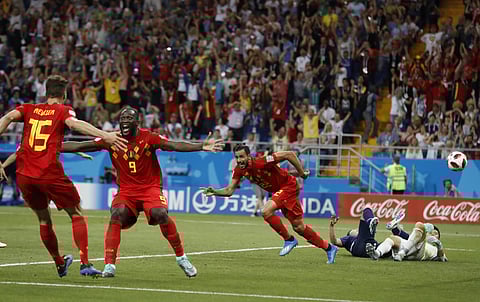 Belgium's Nacer Chadli, second right, celebrates after scoring his third side's goal during the round of 16 match between Belgium and Japan at the 2018 soccer World Cup in the Rostov Arena, in Rostov-on-Don, Russia, Monday, July 2, 2018. | AP