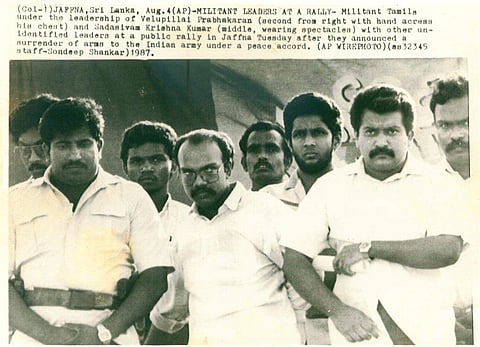 Prabhakaran (2nd from right) is seen along with other LTTE leaders in Jaffna after they announced a surrender of arms to the Indian Army under a peace accord | PTI/AP