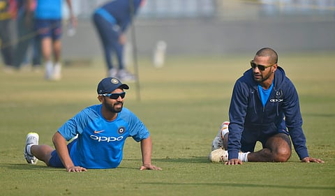 India Cricket team members Shikhar Dhawan and A Rahane during a practice session. (File photo |PTI)