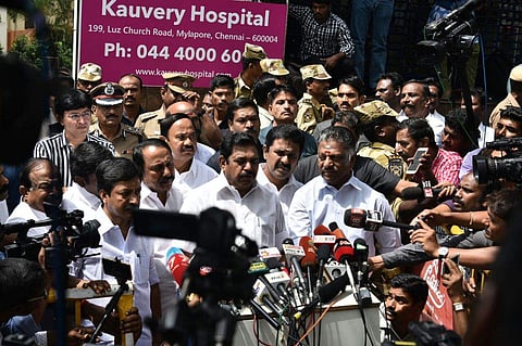 Chief Minister edappadi palanisamy speaks to the media after visiting the ailing DMK president Karunanidhi at Kauvery Hospital in Chennai on Monday. | (P Jawahar | EPS)