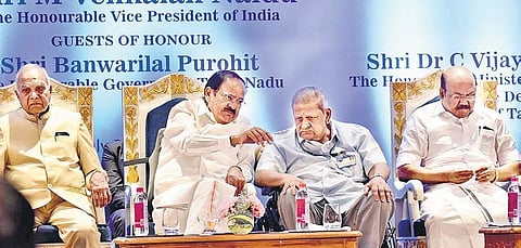 Vice-President M Venkaiah Naidu interacting with Sankara Netralaya founder SS Badrinath at the valedictory function of ISKCON 2018 in Chennai on Sunday. Governor Banwarilal Purohit and Minister D Jayakumar are also seen | P Jawahar