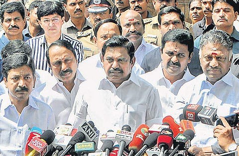 CM Edappadi K Palaniswami and Dy CM O Penneerselvam addressing media at the hospital on Monday