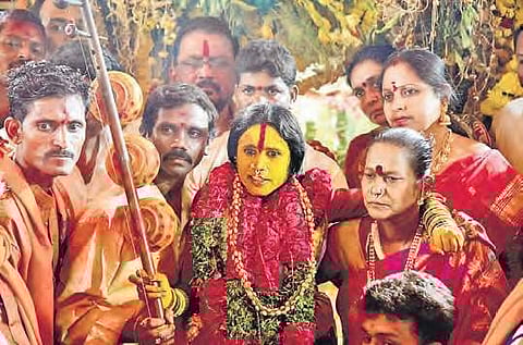 Oracle Jogini Swarnalatha expresses her displeasure about the government’s arrangements during ‘Rangam’ in Secunderabad on Monday | Express