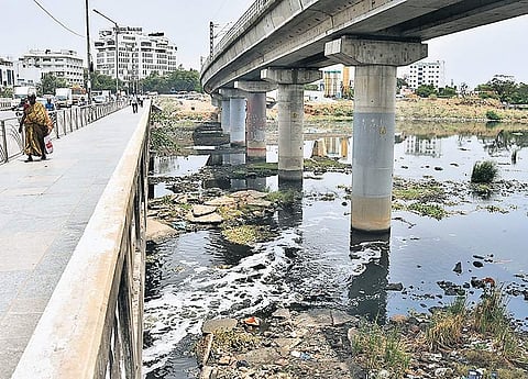 The blackish grey water had foamy white froth, emanating a foul smell