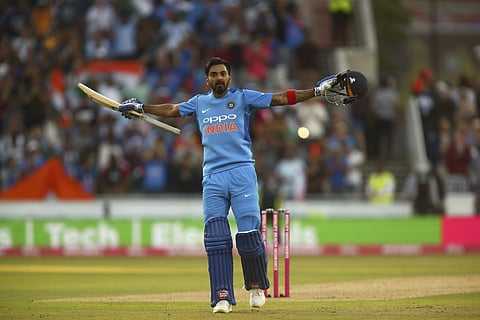 KL Rahul celebrates making his century during the Twenty20 cricket match between England and India at Old Trafford cricket ground in Manchester. | AP