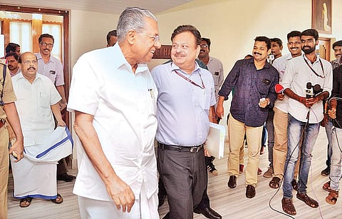 Pinarayi Vijayan coming out after the meeting of the MPs in Thiruvananthapuram on Tuesday | VINCENT PULICKAL