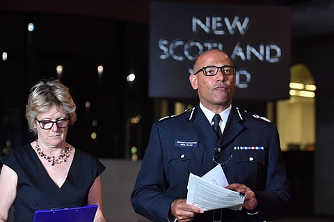 The UK's head of counter-terrorism policing Neil Basu, right, and chief medical officer for England Dame Sally Davies speaking at a news conference at New Scotland Yard in London, Wednesday, July 4, 2018. British police say couple who are critically ill w