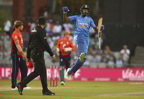 India's KL Rahul celebrates making his century during the Twenty20 cricket match between England and India at Old Trafford cricket ground in Manchester, England, Tuesday, July 3, 2018. | AP