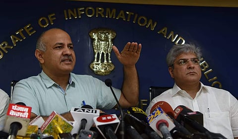 Deputy Chief Minister Manish sisodia with Transport Minister Kailash Gahlot address a press conference in New Delhi on Thursday. | (Parveen Negi | EPS)