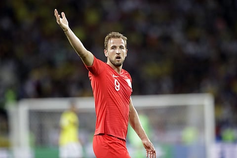 Harry Kane reacts during the round of 16 match between Colombia and England at the 2018 soccer World Cup in the Spartak Stadium. | AP