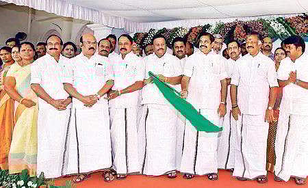 CM Edappadi K Palaniswami flagging off ‘108’ ambulances equipped with GPS at the Secretariat on Thursday while Deputy CM O Panneerselvam and Health minister C Vijaya Baskar look on; a