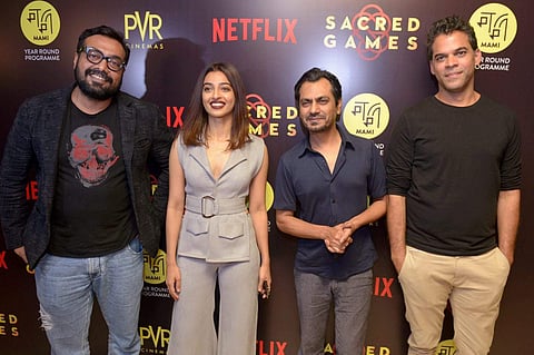 (L-R) Anurag Kashyap, Radhika Apte, Nawazuddin Siddiqui and Vikramaditya Motwane at the launch of their web series 'Sacred Games'. (Photo | PTI)