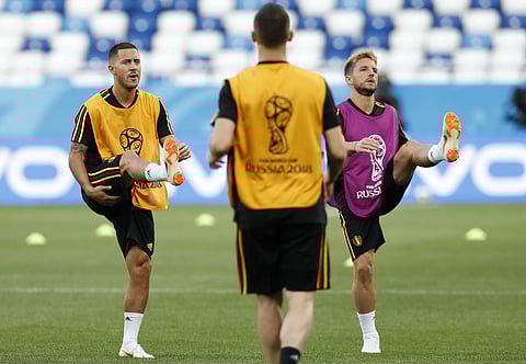 Belgium's Eden Hazard, left, with Belgium's Dries Mertens take part in a training session at the 2018 soccer World Cup, Kaliningrad stadium. | AP