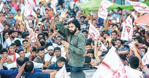 Jana Sena chief Pawan Kalyan addresses a public meeting at Bheemili in Visakhapatnam district on Friday | Express
