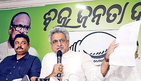 In this file photo, BJD MPs Pinaki Mishra and Pratap Deb addressing media. | Express