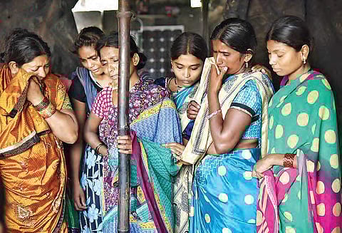 Relatives mourn the death of Saloni Grace, who was killed in a road accident at Balanagar, in Hyderabad on Tuesday.| (R Satish Babu |EPS)