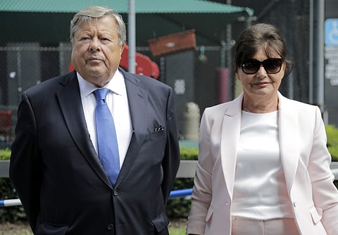 Viktor and Amalija Knavs listen as their attorney makes a statement in New York, Thursday, Aug. 9, 2018. First Lady Melania Trump's parents have been sworn in as U.S. citizens. (Photo | AP)