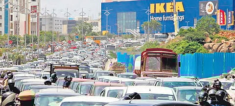 Traffic comes to a standstill on the road leading to IKEA store, in Hyderabad on Thursday | S Senbagapandiyan