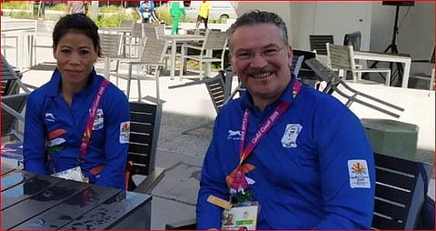 Indian women boxing coach Raffaele Bergamasco (Right) with MC Mary Kom. (Photo | Boxing Federation/Twitter)