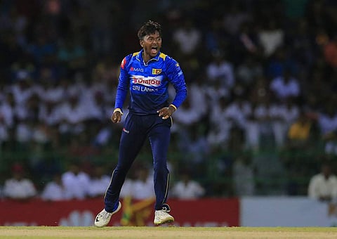 Sri Lanka's Akila Dananjaya celebrates the dismissal of South Africa's Heinrich Klaasen with Angelo Mathews during their fifth one-day international cricket match in Colombo, Sri Lanka, Sunday. ( Photo | AP )