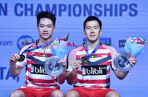 Kevin Sanjaya Sukamuljo (L) and Marcus Fernaldi Gideon (R) of Indonesia (Photo | File/AFP)