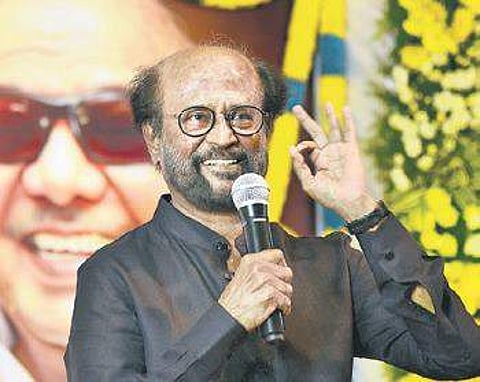 Rajinikanth speaking at a memorial meeting organised by the State Nadigar Sangam on Monday | Express
