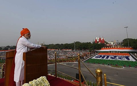 Prime Minister Narendra Modi addresses the nation from the ramparts of the historic Red Fort on the occasion of 72nd Independence Day in New Delhi. (Photo | AFP)